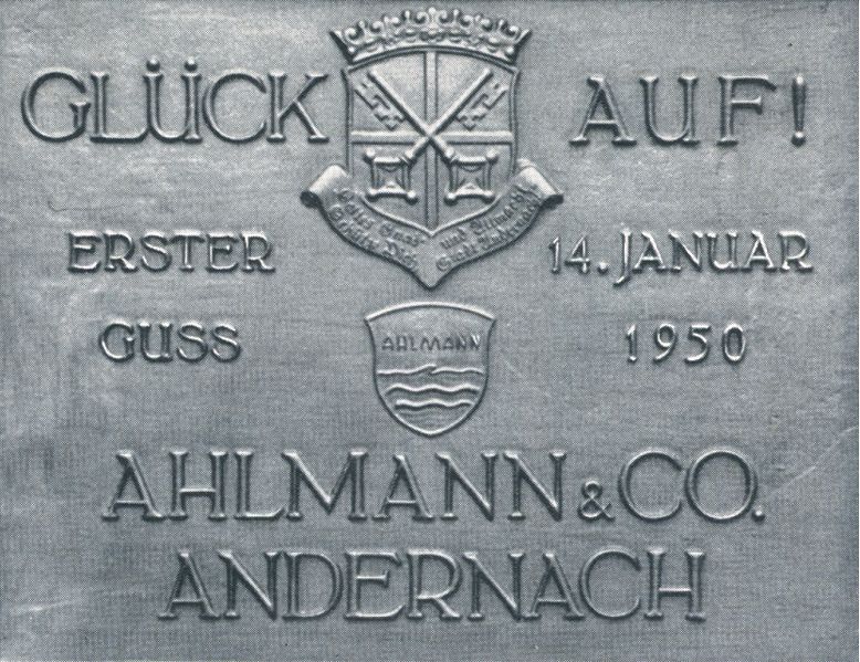 Datei:1.1.A 00579 Andernach Plakette Erster Guss 1950.jpg